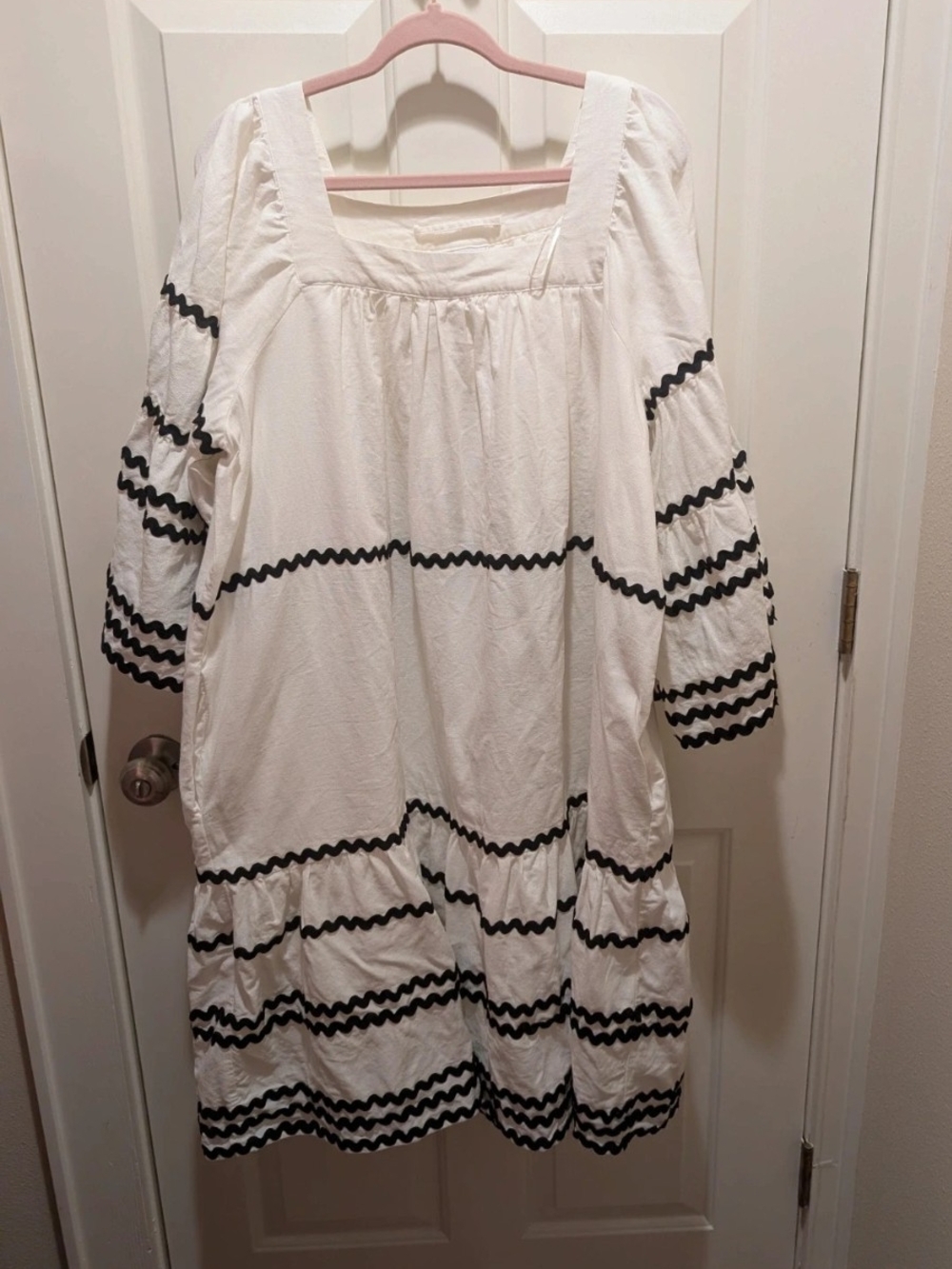 Lisa Marie Fernandez White Peasant Dress with Black Ric Rac Trim